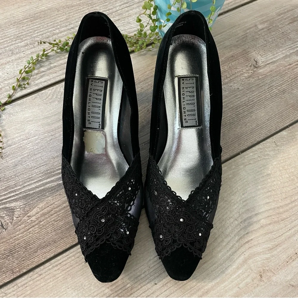 Vintage Black Velvet Kitten Heels Women’s 9 Lace Rhinestone Almond‎ Toe
